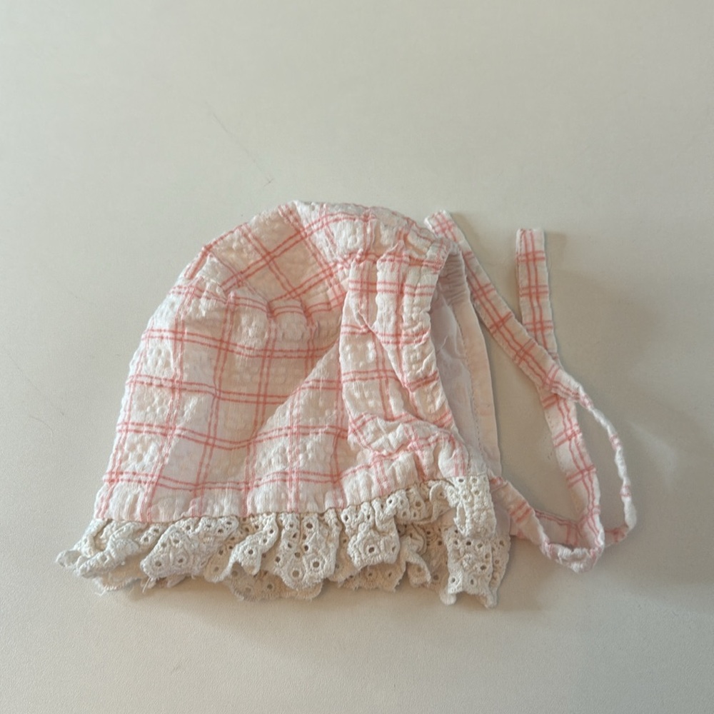 Tabari Baby Pink and White Plaid and Lace Baby Dress with Bonnet Size 3-6M - Picture 4 of 11